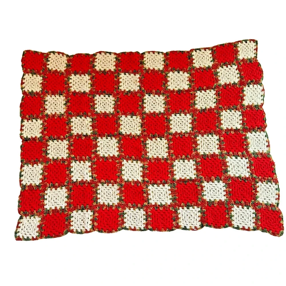 VTG Christmas Crochet Afghan Granny Squares Blanket Throw Red Green 66 X 54